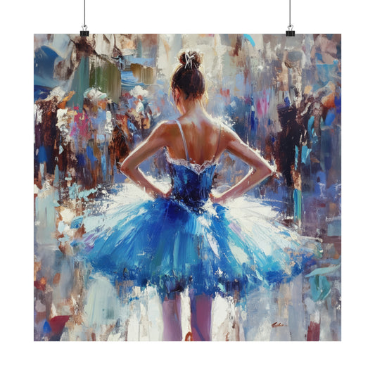 Blue Reverie: Ballerina in Bright Blue Dress, Gazing into the Distance with Back Turned Print on Matte Poster - 7 Sizes