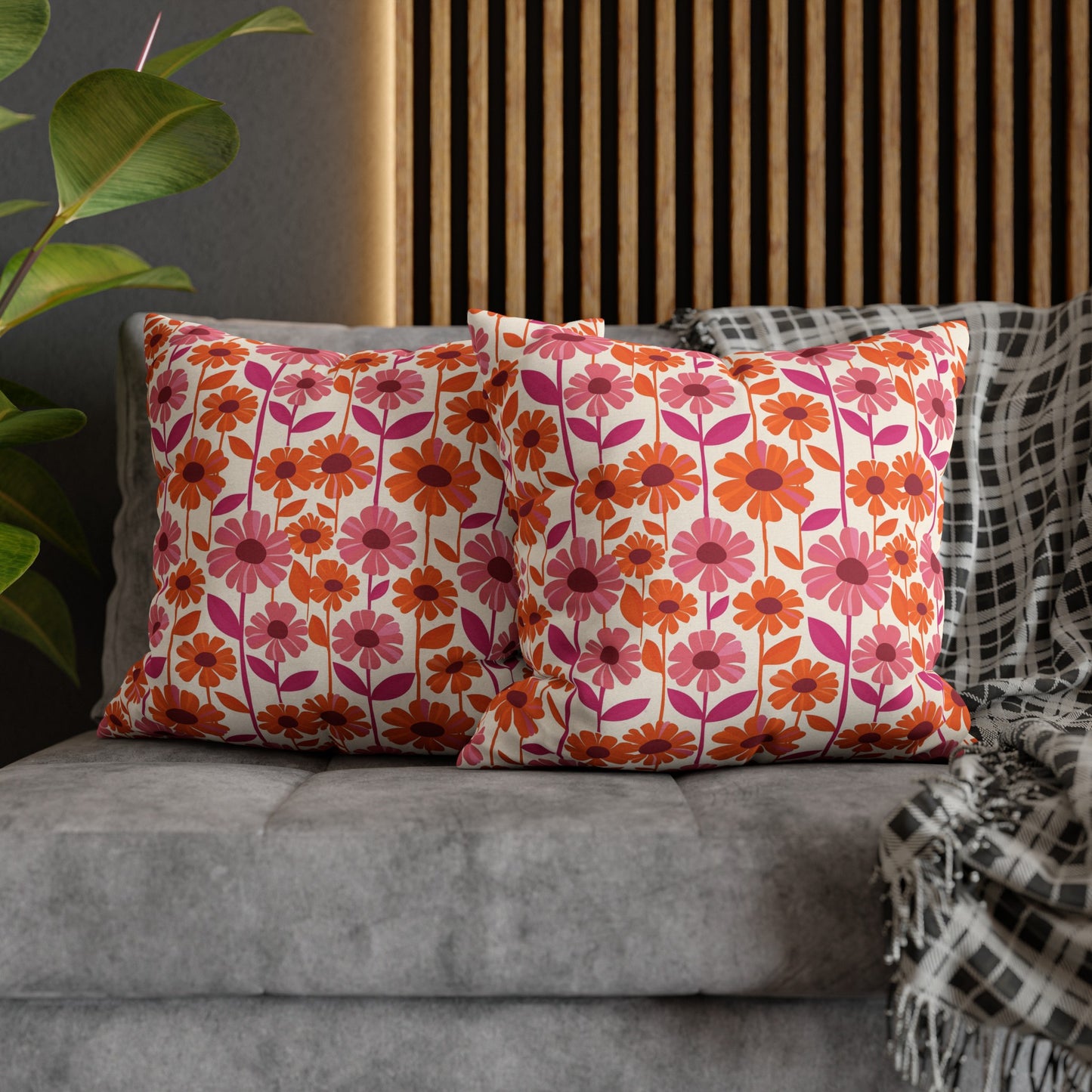 Retro Floral Bliss with Bold Pink and Orange Flower Design Spun Polyester Square Pillowcase 4 Sizes