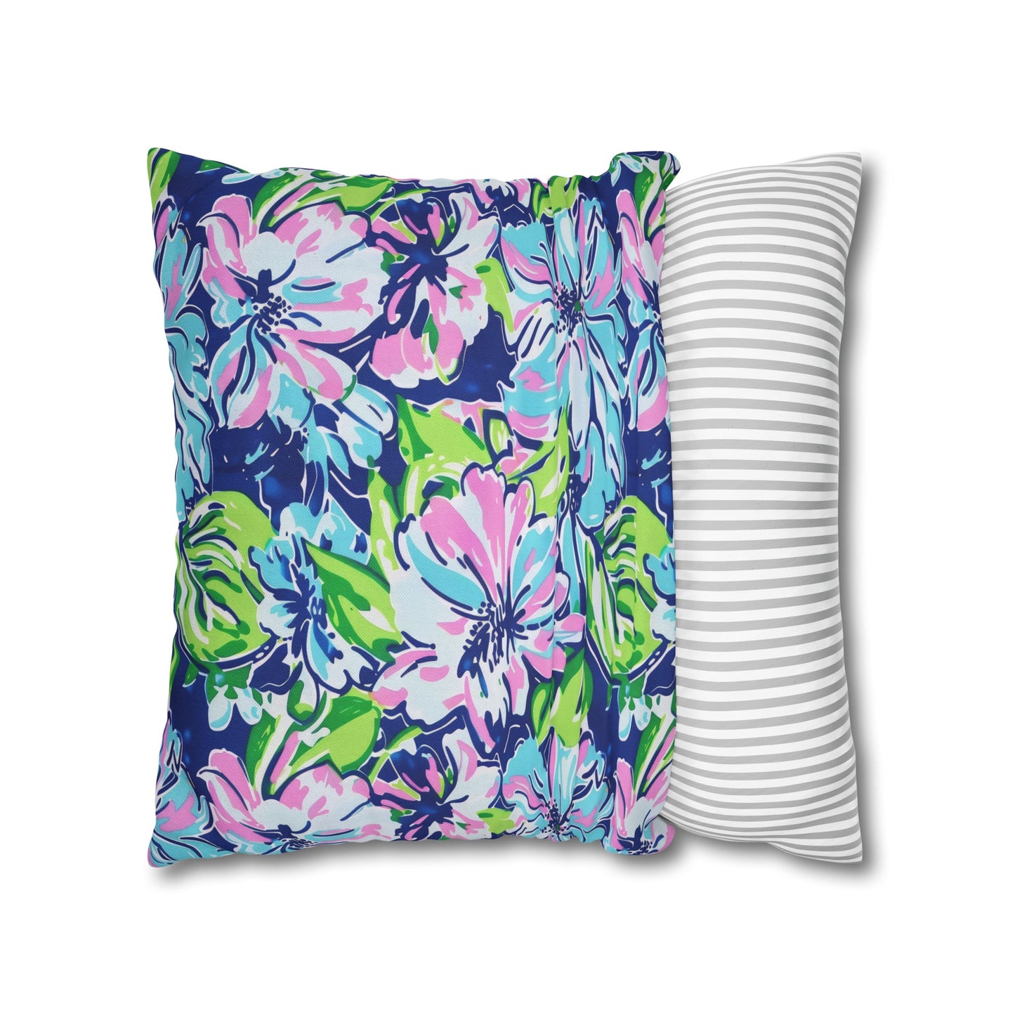 Seaside Coastal Pink, Navy, and Green Tropical Blooms Spun Polyester Square Pillowcase 4 Sizes