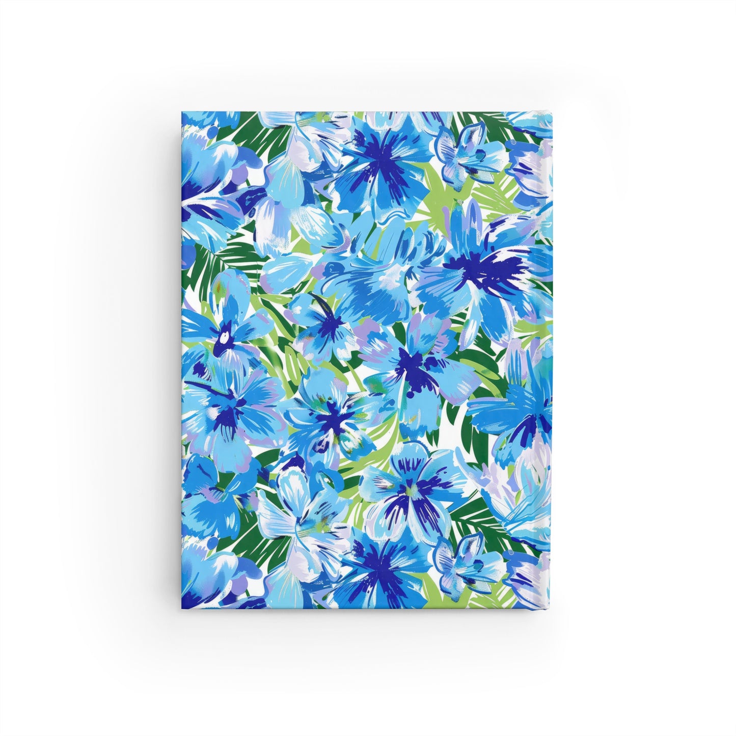 Azure Bloom Oasis: Bright Blue Large Flowers with Lush Green Palm Leaves in Flight Hardcover Ruled Line Journal