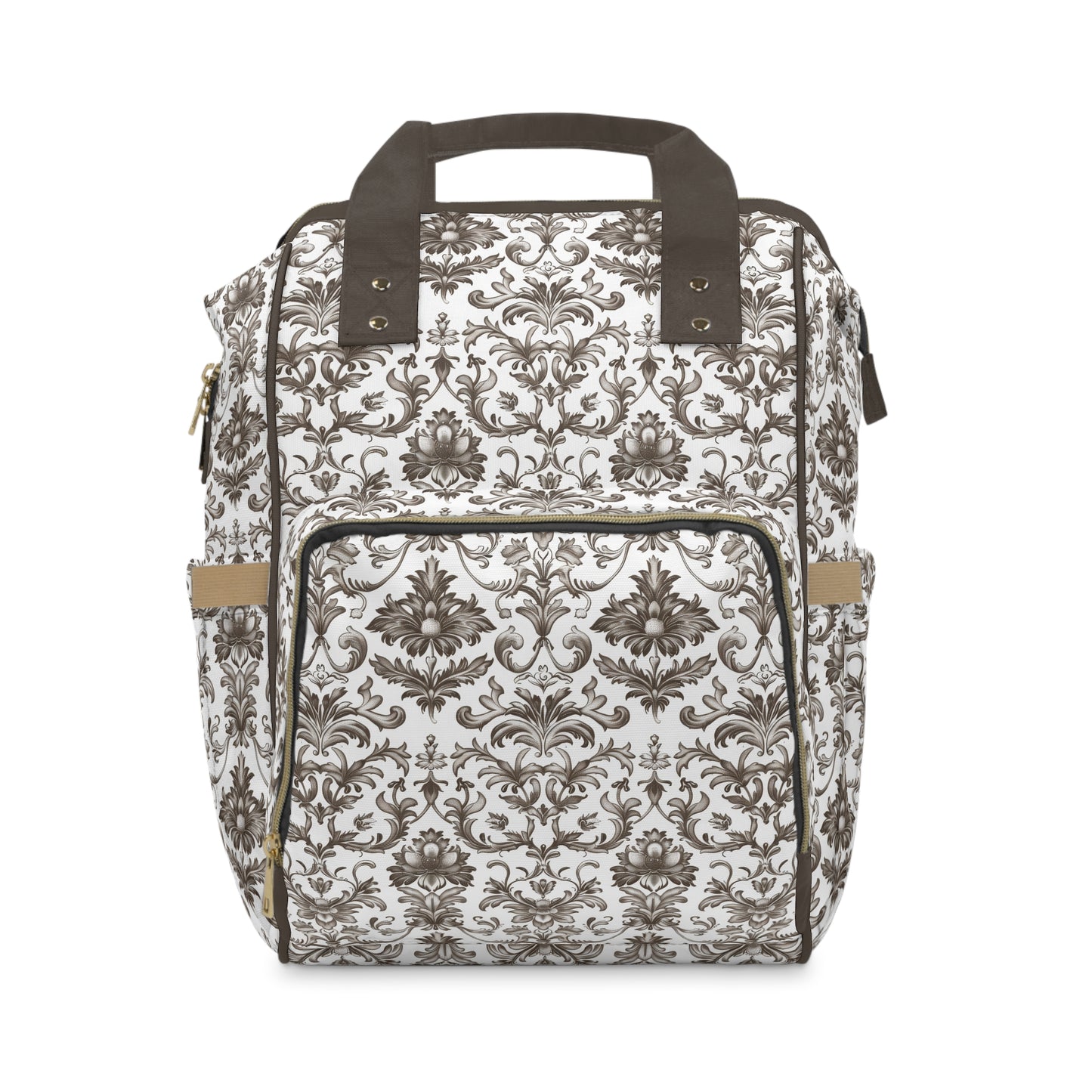 Timeless Rococo Elegance in Detailed Brown and White Floral Pattern Multifunctional Diaper Backpack