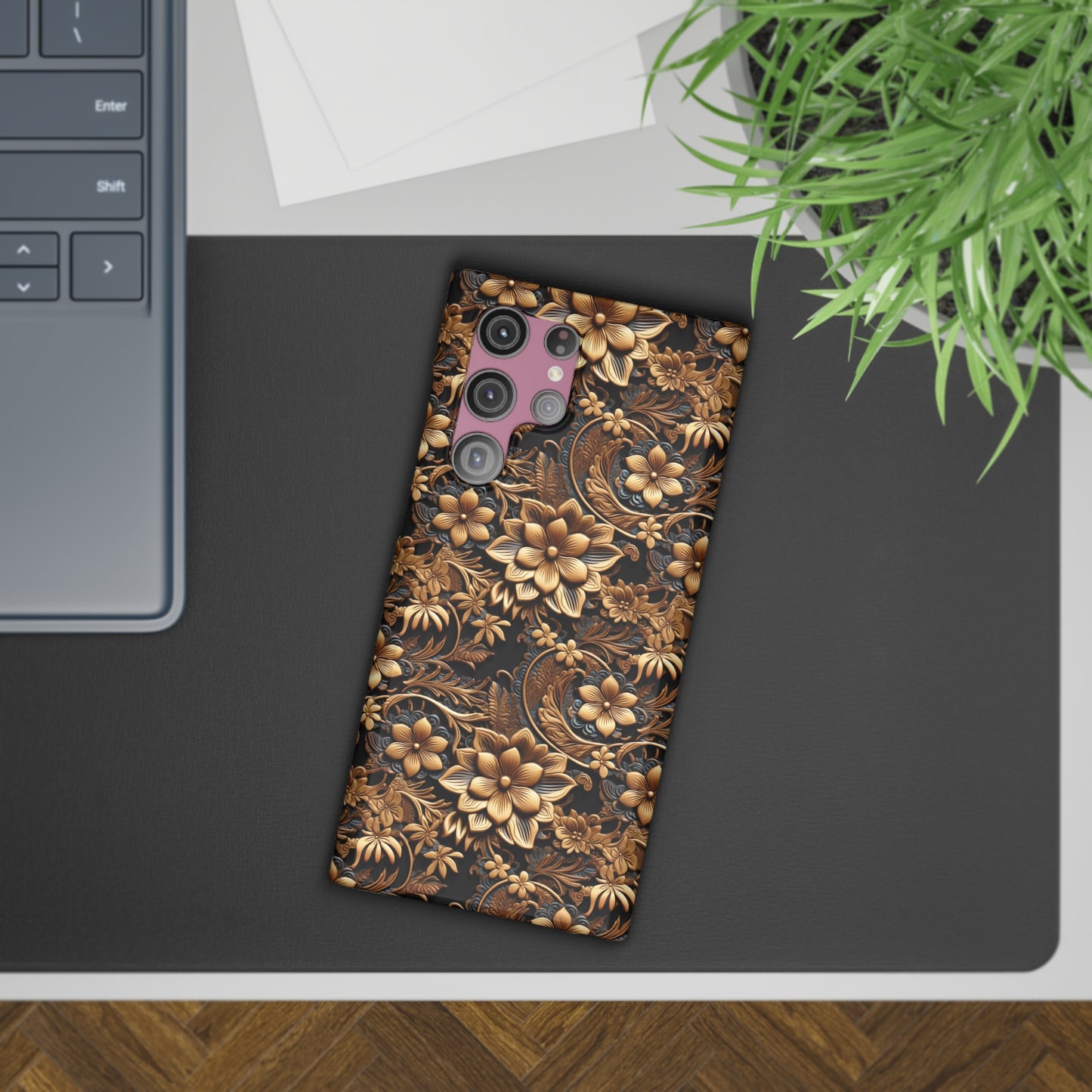 Tooled Gold Leather Flowers with Blue Accent Print Design Samsung Slim Cases