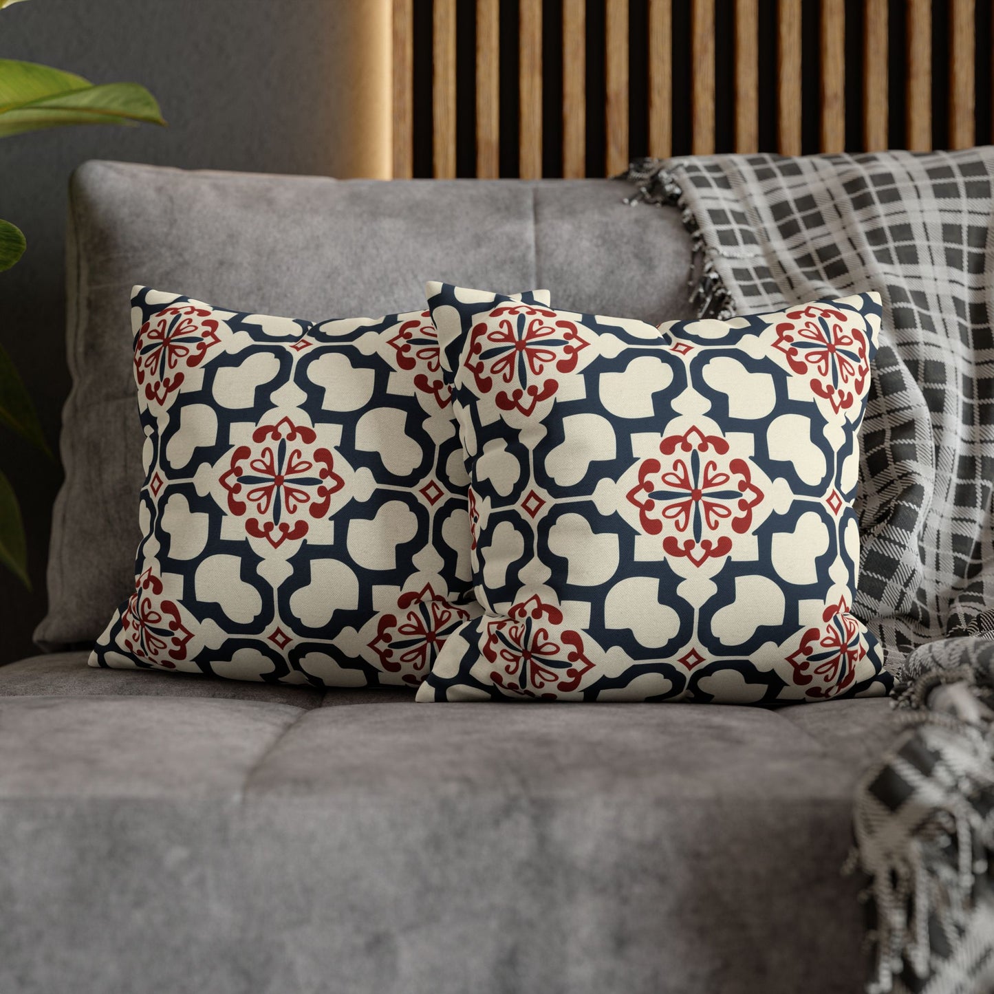 Traditional Korean Elegance in Bold Red and Navy Geometric Tile Pattern Spun Polyester Square Pillowcase 4 Sizes