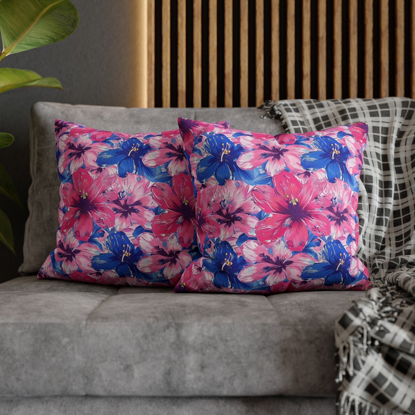 Blooming Bliss: Large Pink and Blue Blossoms in Full Bloom Spun Polyester Square Pillowcase 4 Sizes