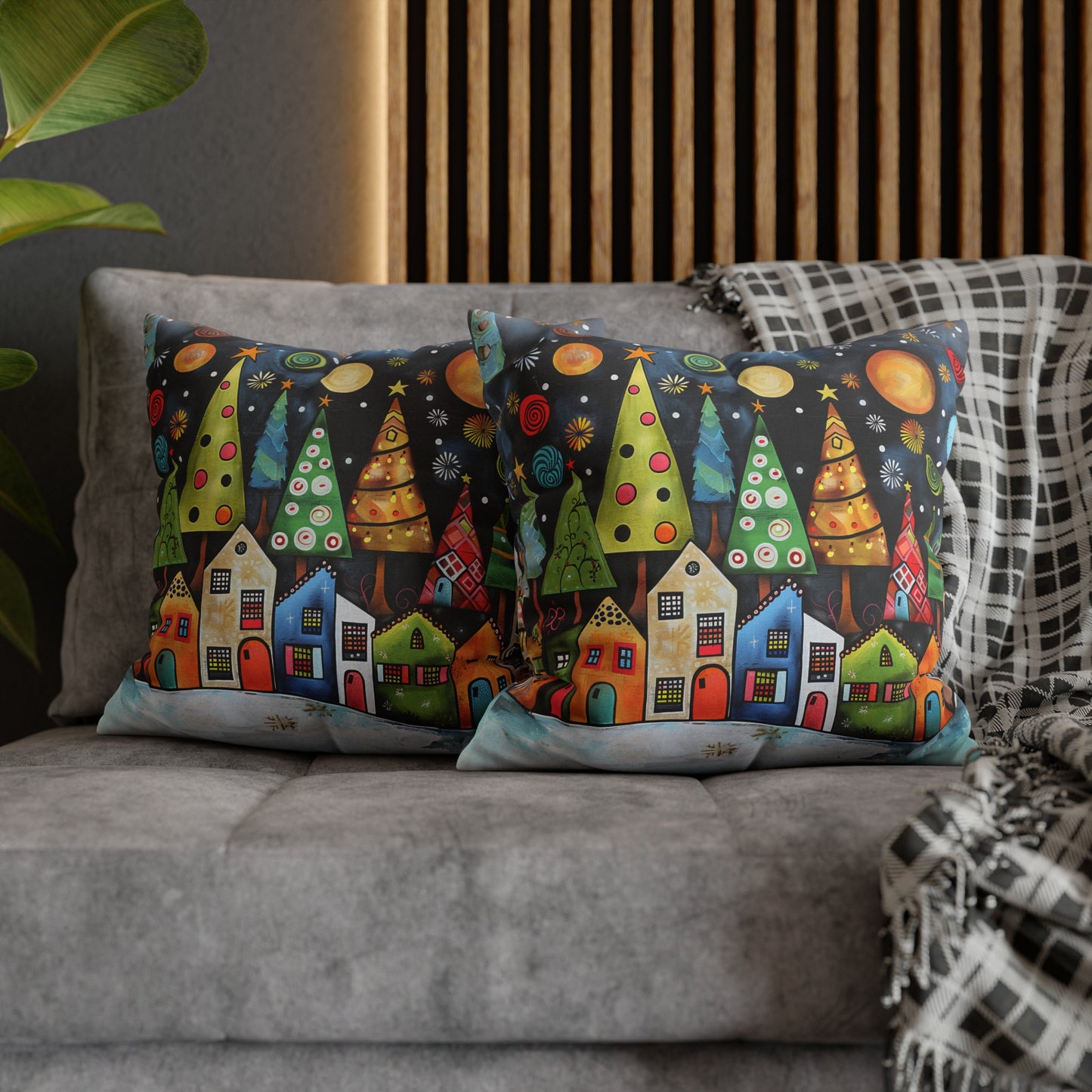 Holiday Haven: Abstract Folk Art Christmas Village Adorned with Christmas Trees Scene Spun Polyester Square Pillowcase 4 Sizes