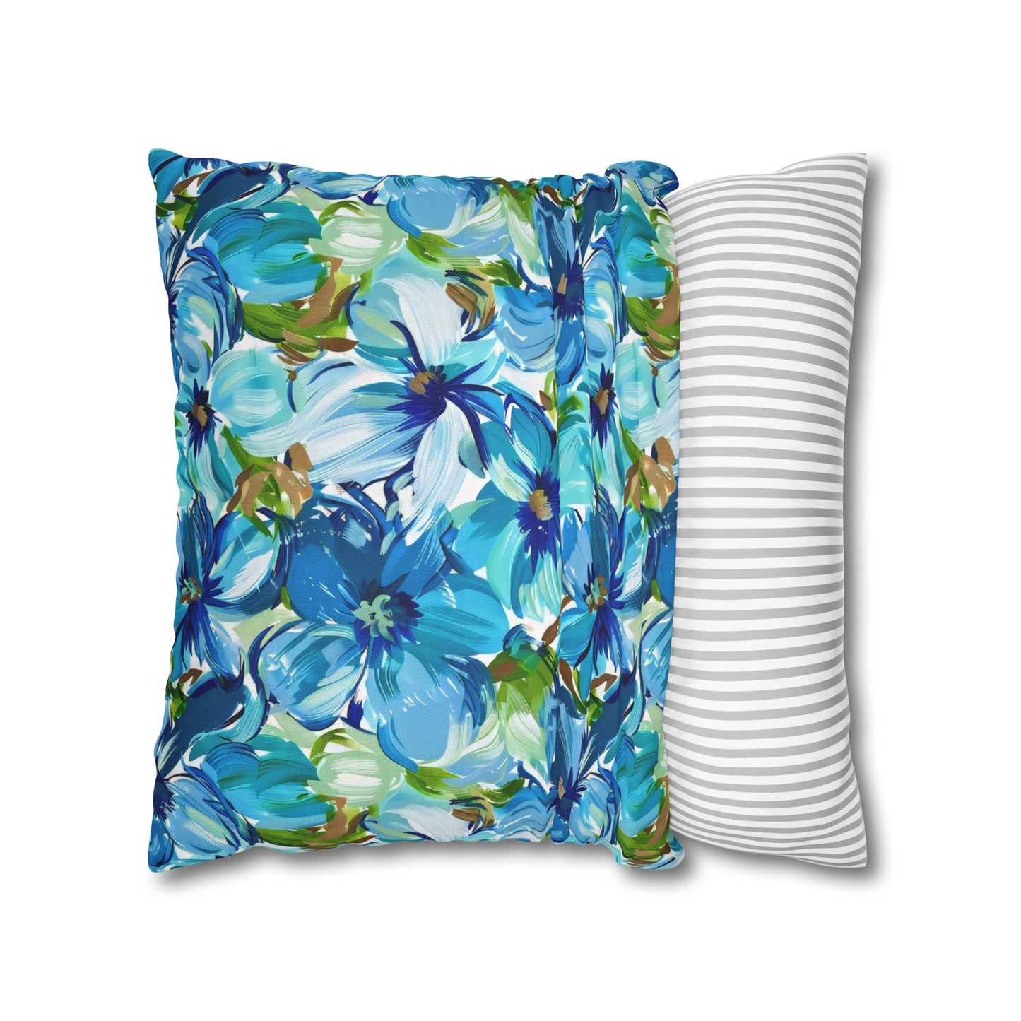 Large Blue Watercolor Flowers with Gentle Accents of Brown and Green Spun Polyester Square Pillowcase 4 Sizes