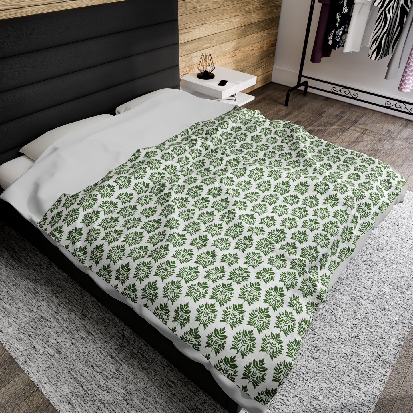 Verdant Harmony in Elegant Green Botanical Block Print Pattern Velveteen Plush Blanket 3 Sizes