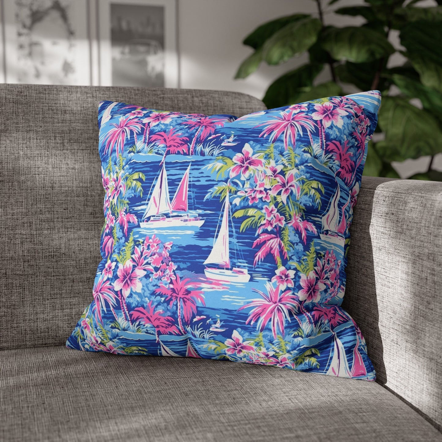 Sailing Tropics: Watercolor Sailboats Amidst Ocean Waves, Tropical Flowers, and Palm Trees Spun Polyester Square Pillowcase 4 Sizes