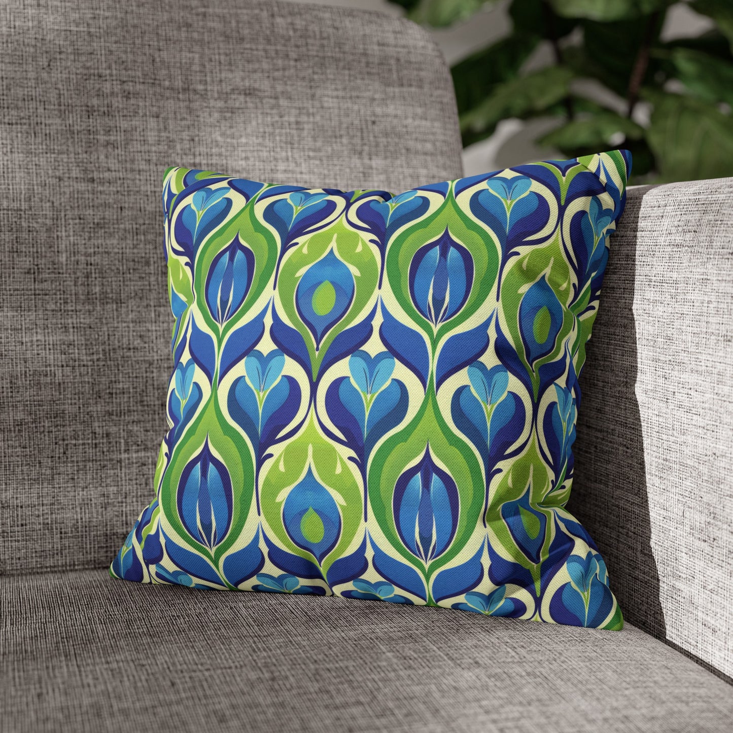 Retro Vibrant Peacock Blue and Green Floral Design Spun Polyester Square Pillowcase 4 Sizes