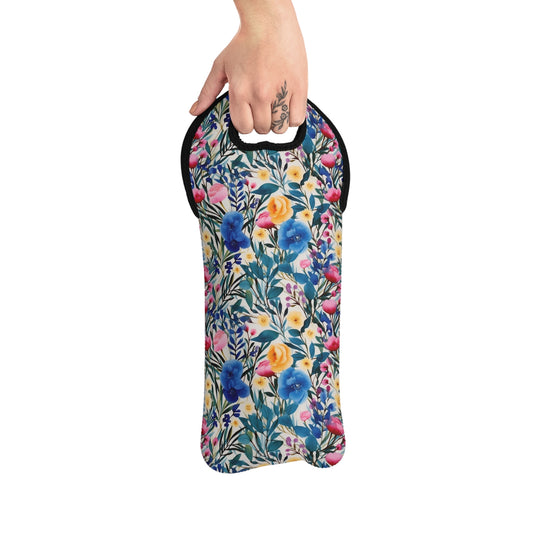 Blooming Brilliance: Large Watercolor Floral Design in Blue, Yellow, and Pink Wine Tote Bag Reusable Eco Friendly