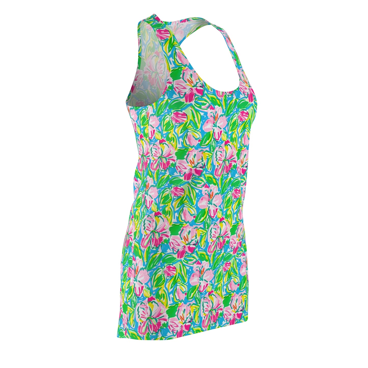 Whispering Meadows: Pink Blossoms, Lush Green Leaves, and Accents of Yellow and Blue Women's Racerback Dress XS - 2XL