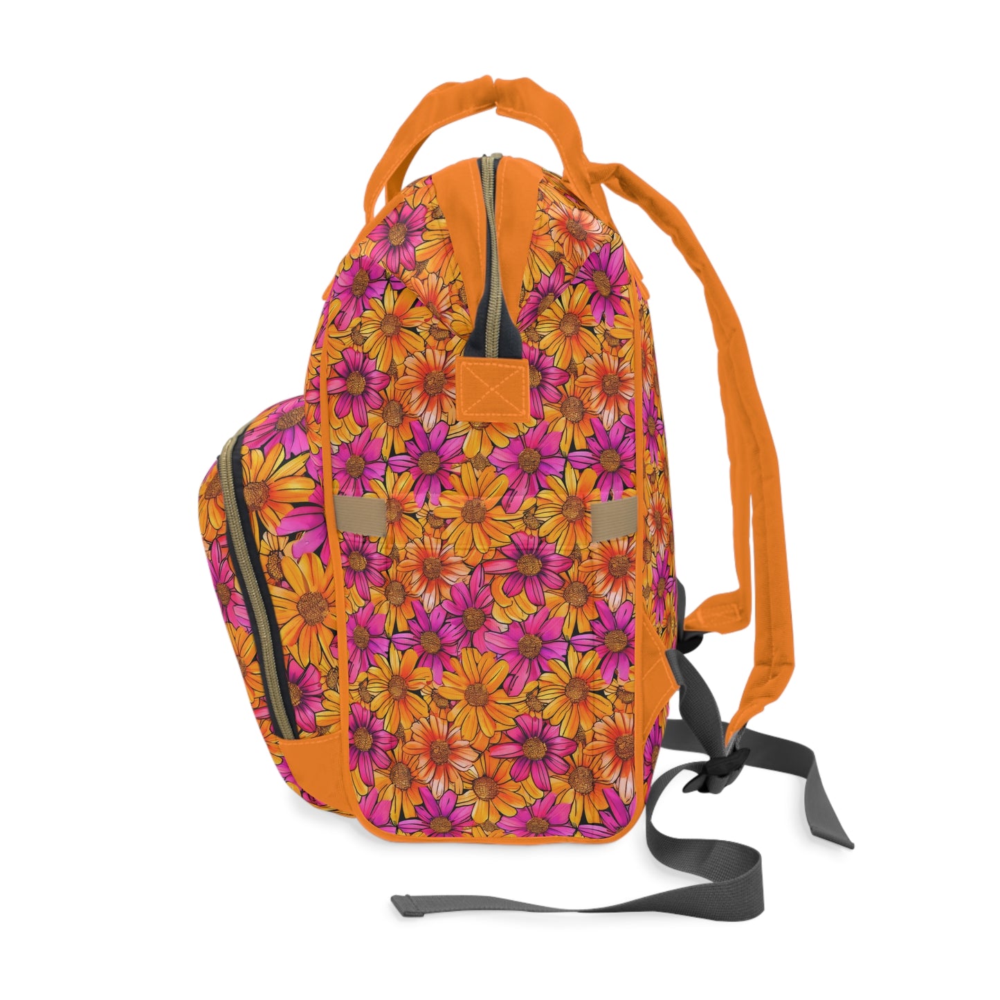 Vibrant Daisy Delight with Bold Orange and Pink Flowers Multifunctional Diaper Backpack