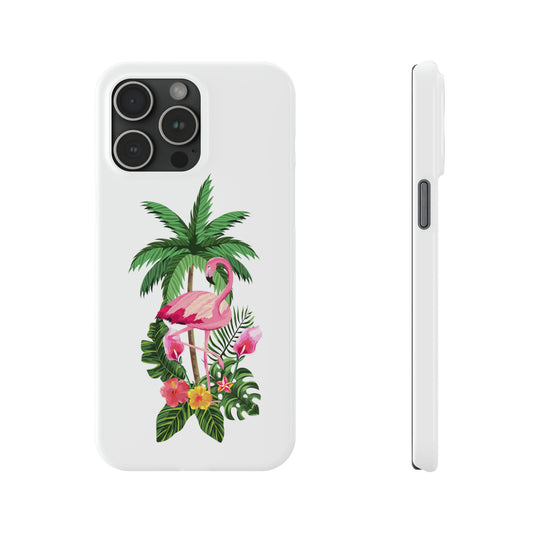 Tropical Pink Flamingo and Flowers White Background Iphone 15-12 Slim Phone Case