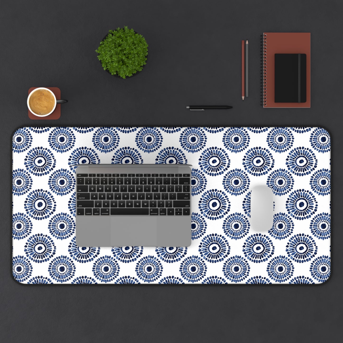 Indigo Sunburst Simple Folk-Inspired Dot Pattern Design Extended Gaming Mouse Pad  Desk Mat  - 3 Sizes