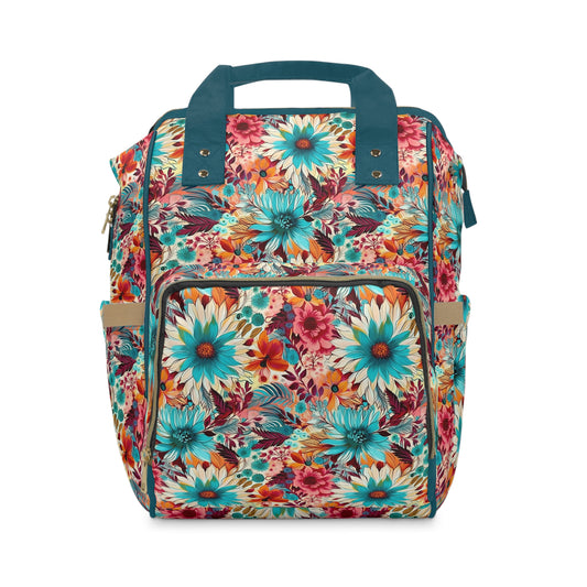 Floral Explosion of Pinks, Teals and Oranges on a Soft Cream Canvas Multifunctional Diaper Backpack