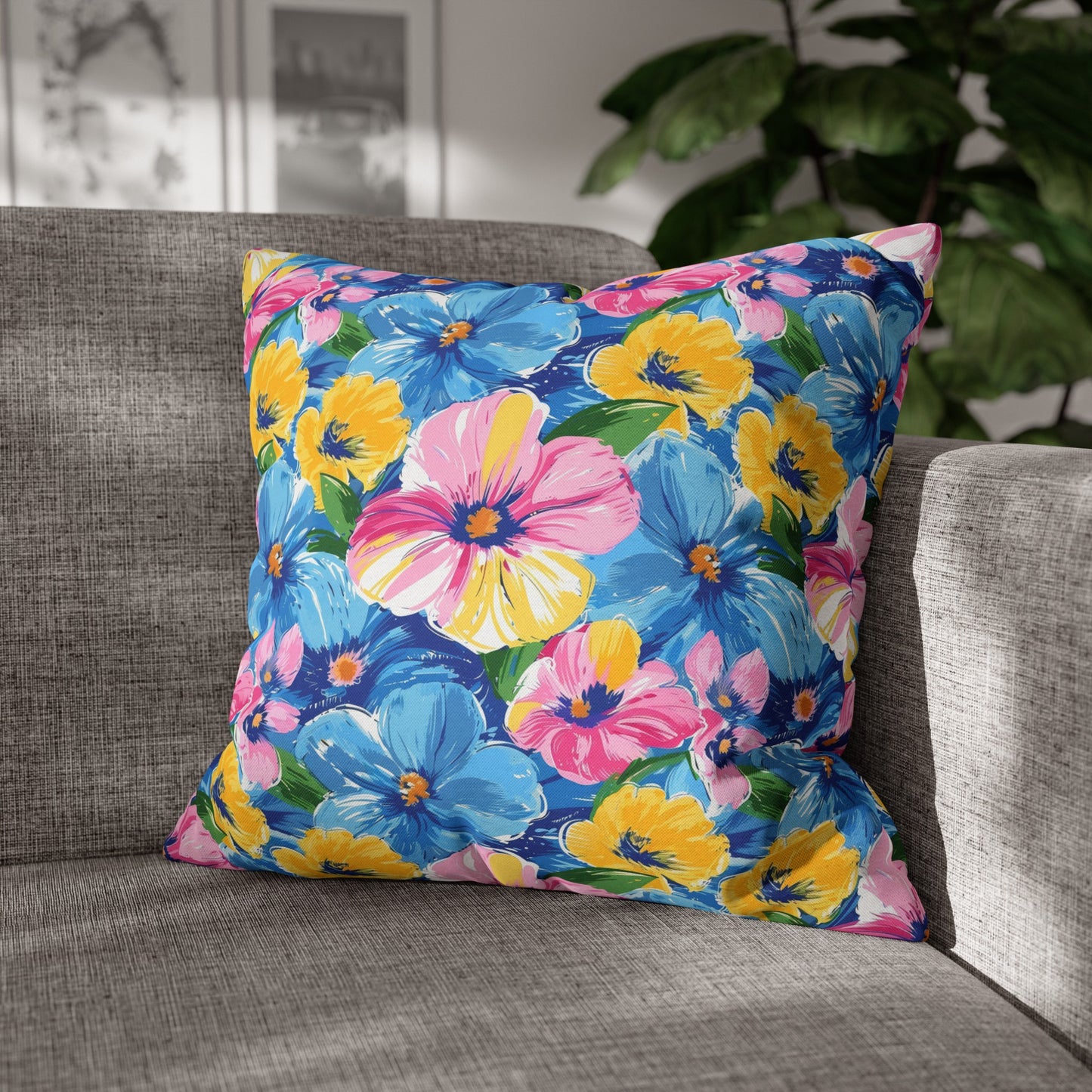 Sunny Serenade: Large Blooms of Yellow, Blue, and Gold in Watercolor Spun Polyester Square Pillowcase 4 Sizes