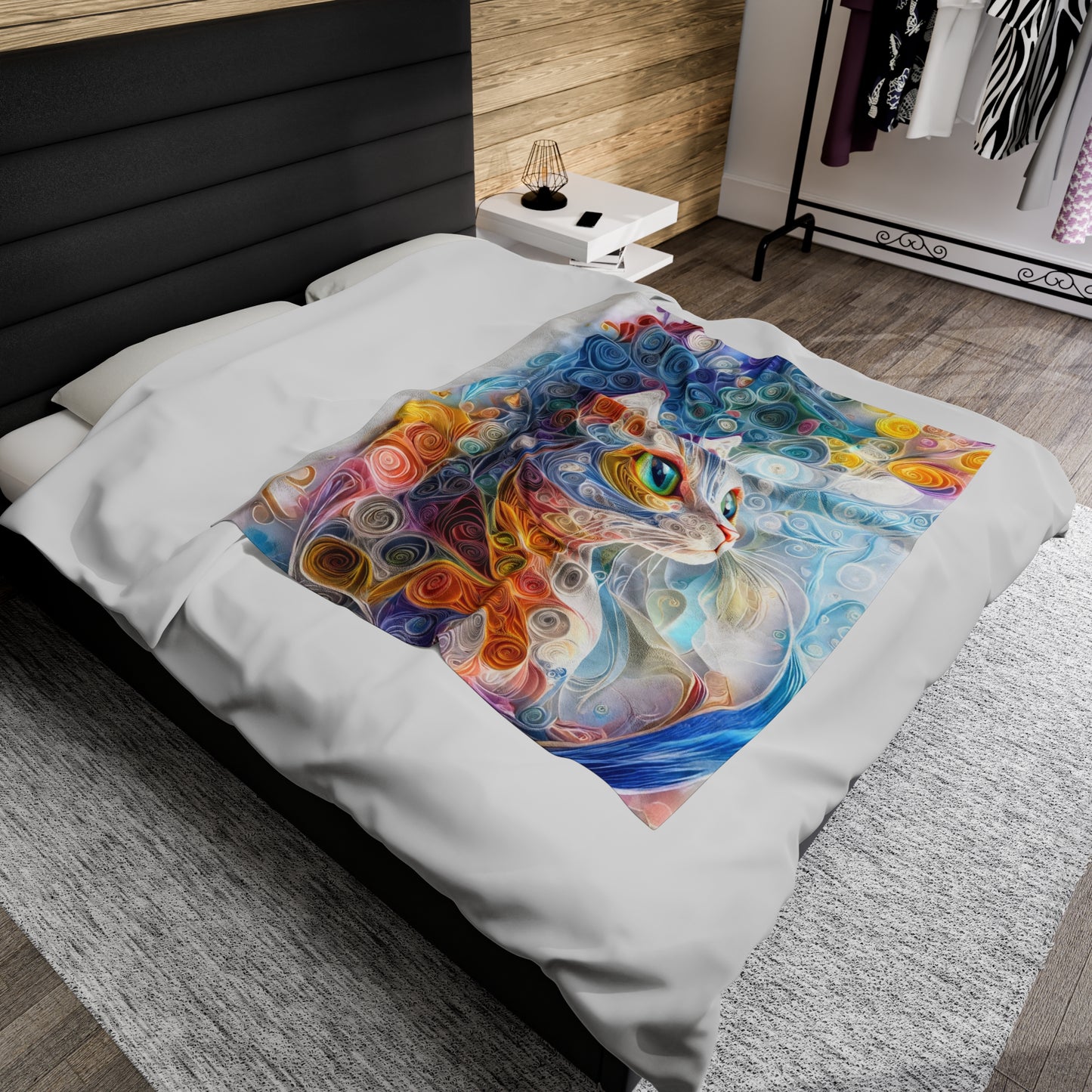 Mesmerizing Quilled Paper Art Cat Portrait in Vibrant Hues Velveteen Plush Blanket 3 Sizes