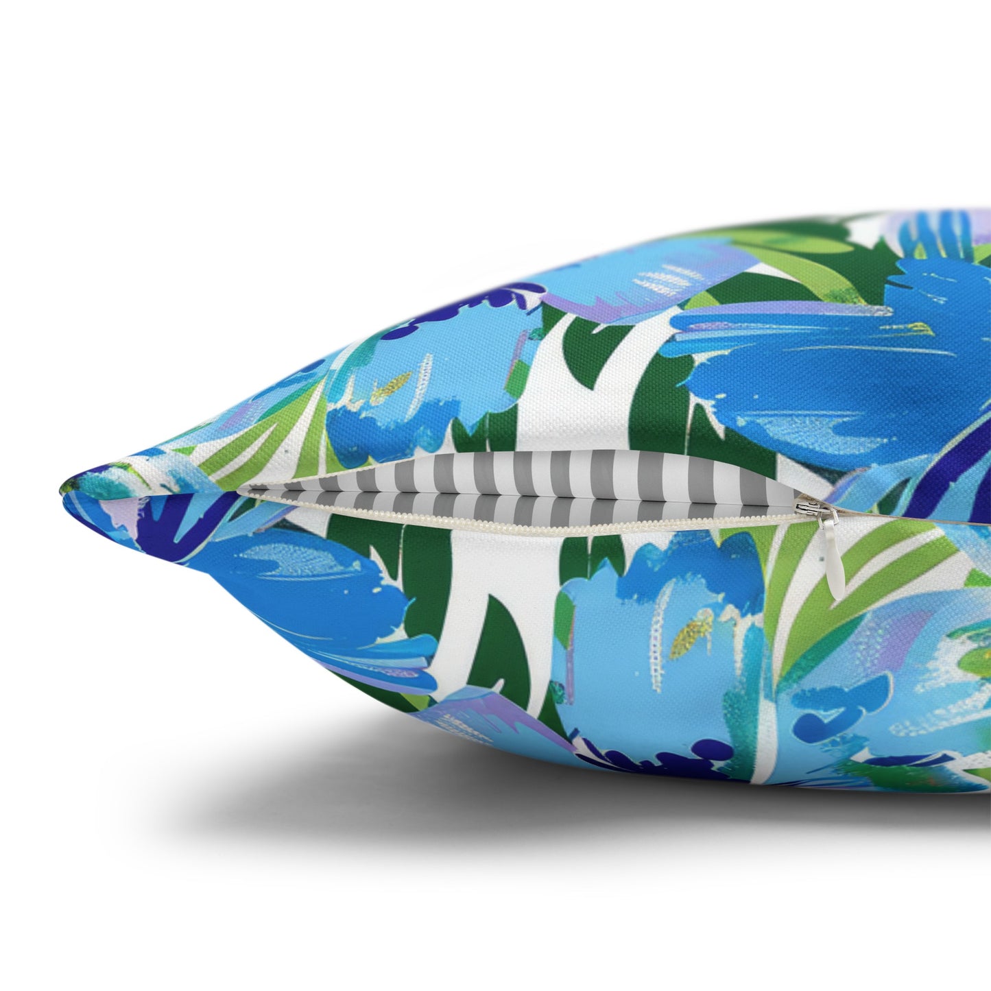 Azure Bloom Oasis: Bright Blue Large Flowers with Lush Green Palm Leaves Spun Polyester Square Pillowcase 4 Sizes