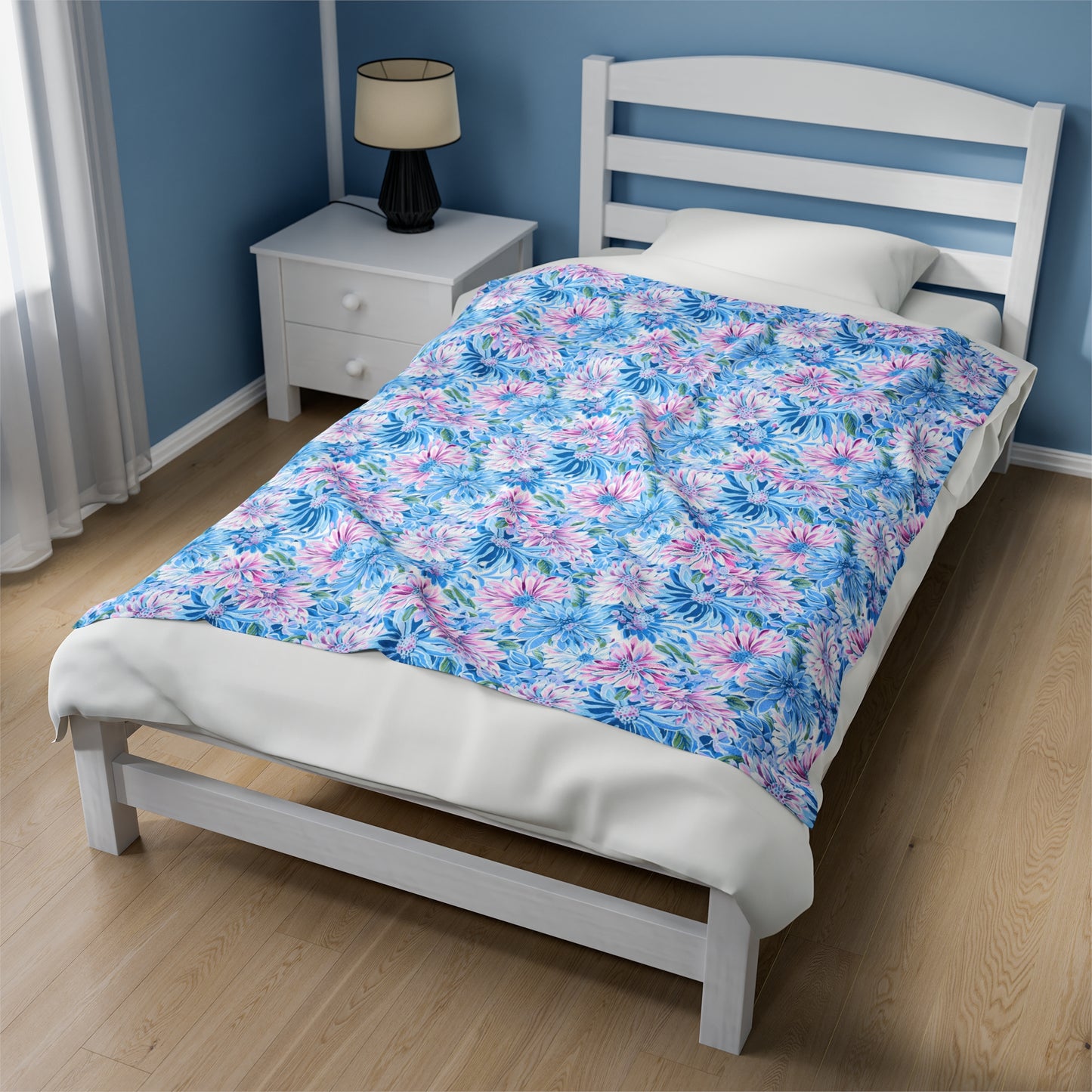 Pastel Blossom Symphony: Spring Flowers in Soft Pink and Blue Hues Velveteen Plush Blanket 3 Sizes