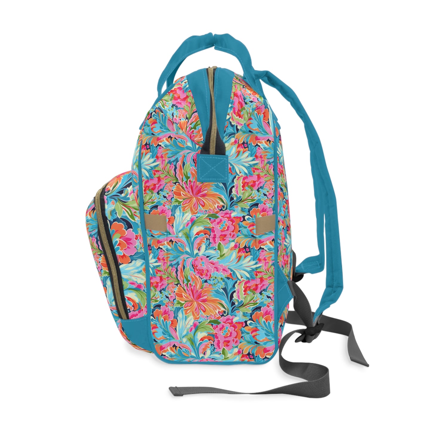 Tropical Radiance: Bursting Summer Blooms in Teal, Orange, and Pink Multifunctional Diaper Backpack