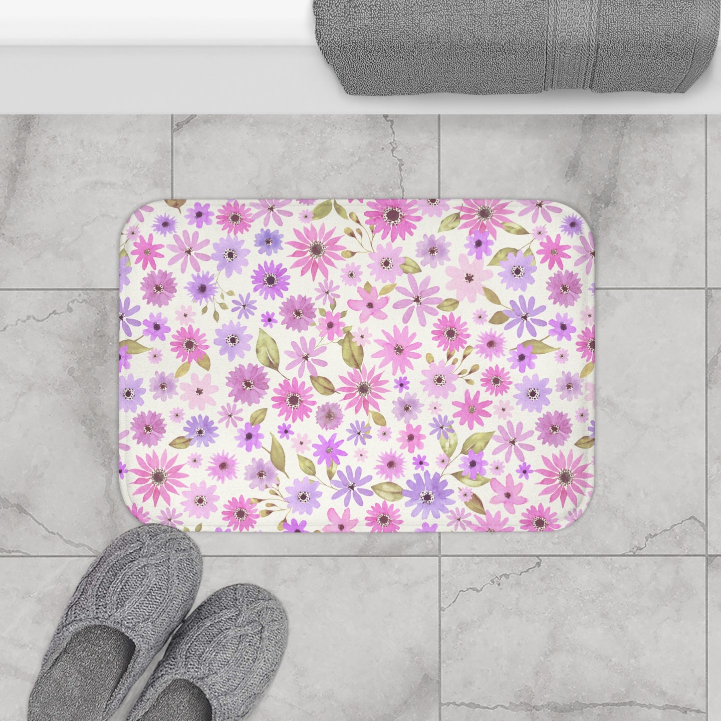 Pink and Purple Flower Design  - Bathroom Non-Slip Mat 2 Sizes