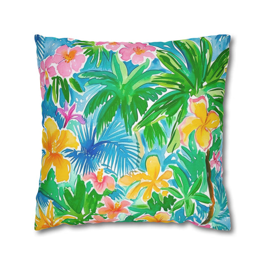 Tropical Harmony: Watercolor Yellow and Pink Hibiscus Flowers with Blue and Green Palm Leaves Spun Polyester Square Pillowcase 4 Sizes