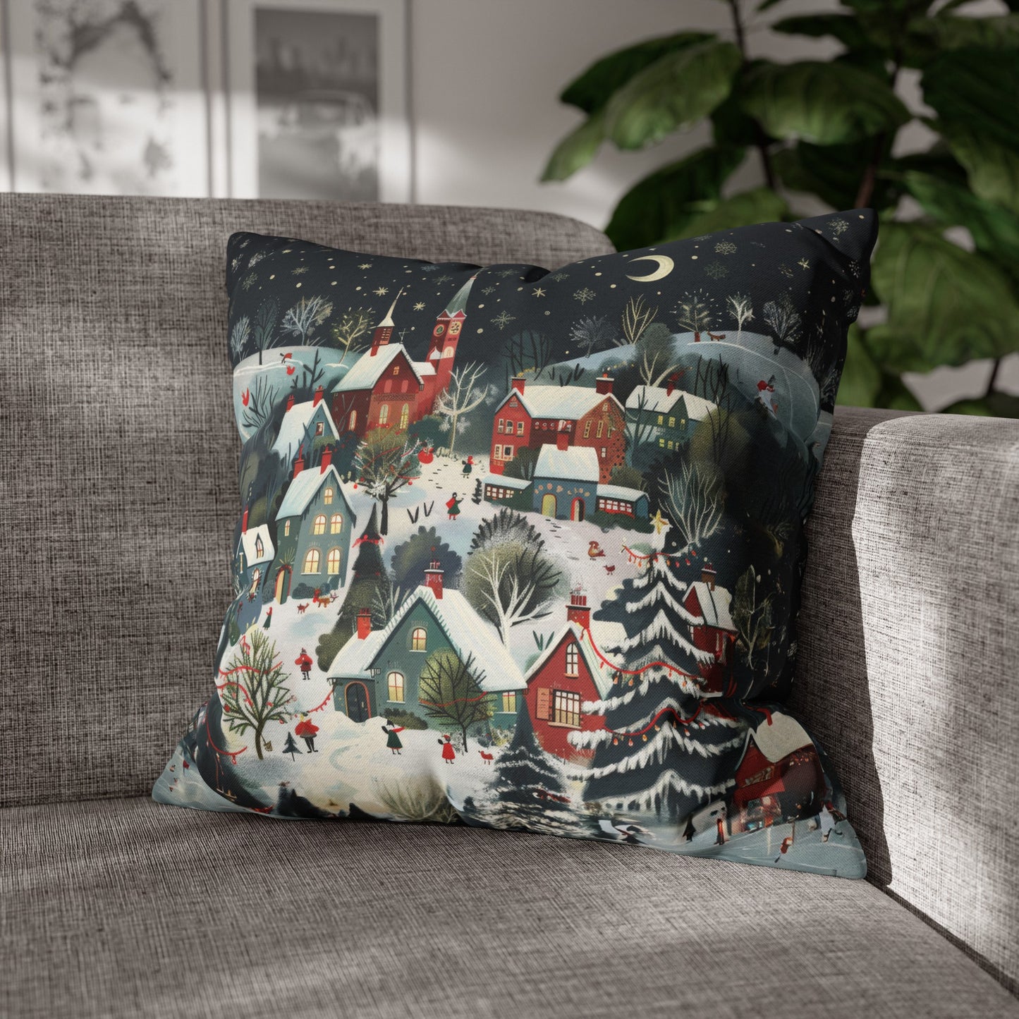 Vintage Winter Village: Old-Fashioned Country Town in a Snowy Christmas Scene Spun Polyester Square Pillowcase 4 Sizes