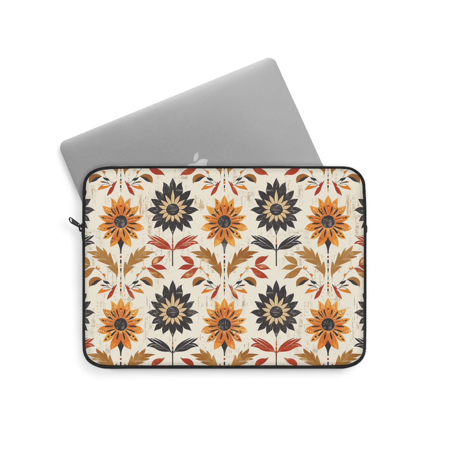 Autumn-Inspired Bohemian Floral Pattern Burnt Orange, Deep Brown and Creamy Beige Laptop or Ipad Protective Sleeve 3 Sizes Available