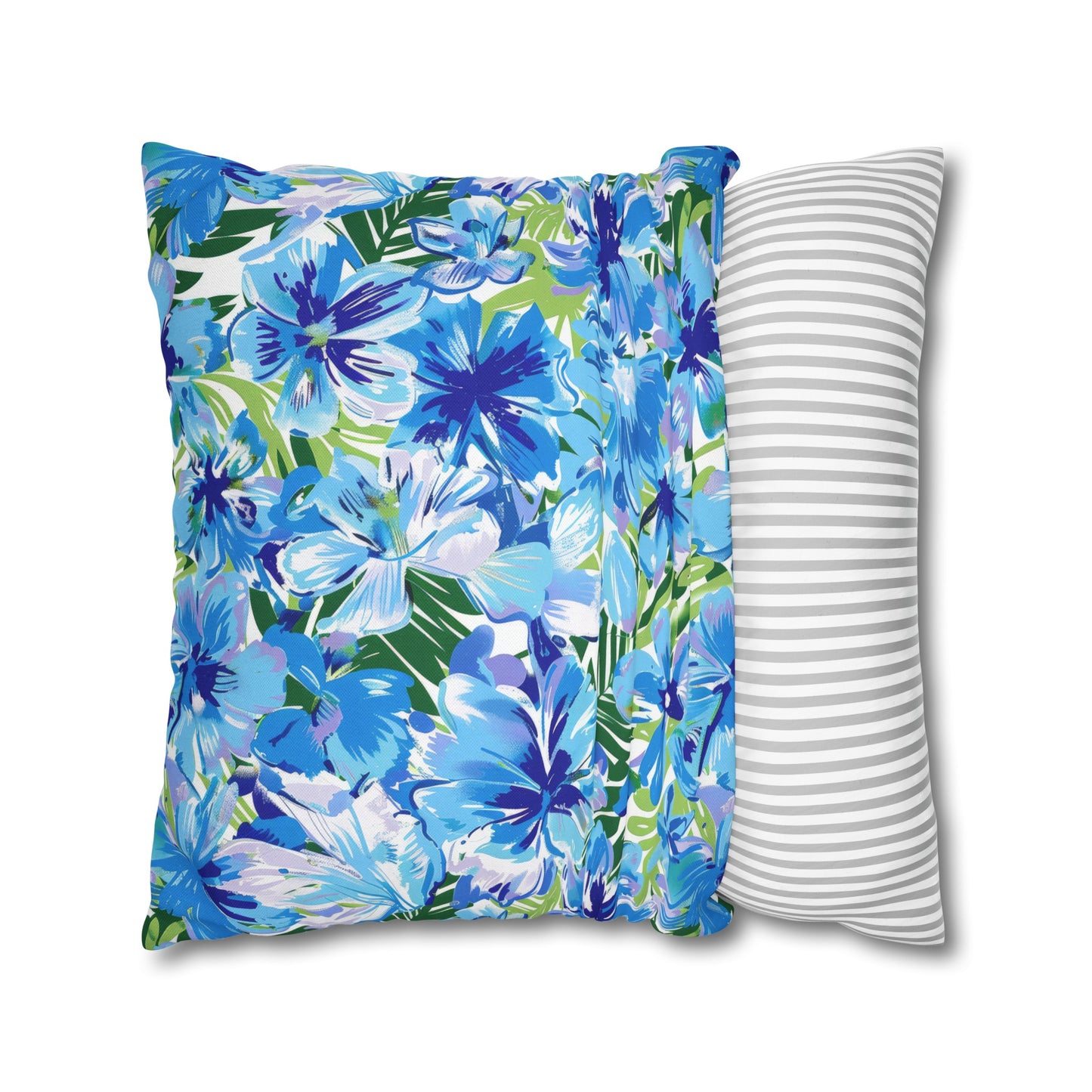 Azure Bloom Oasis: Bright Blue Large Flowers with Lush Green Palm Leaves Spun Polyester Square Pillowcase 4 Sizes