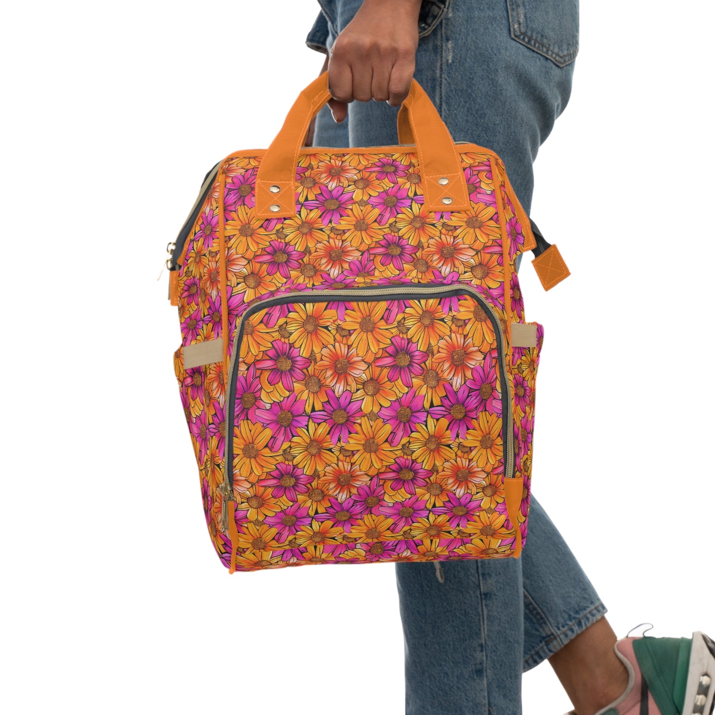 Vibrant Daisy Delight with Bold Orange and Pink Flowers Multifunctional Diaper Backpack