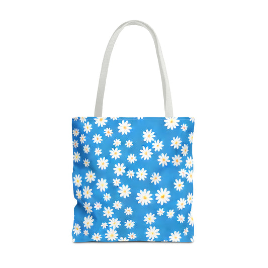 Skys Whisper: Tiny White Daisies on a Serene Blue Canvas Tote Bag 3 Sizes