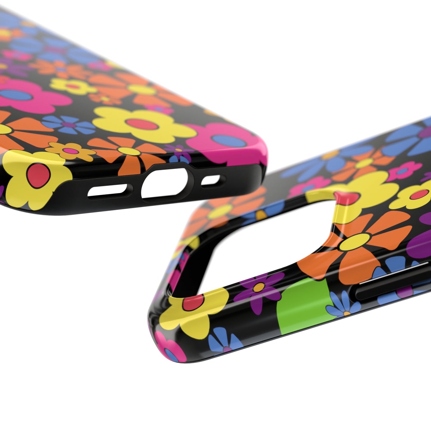 Flower Power Design on Black Background Iphone Tough Phone Case