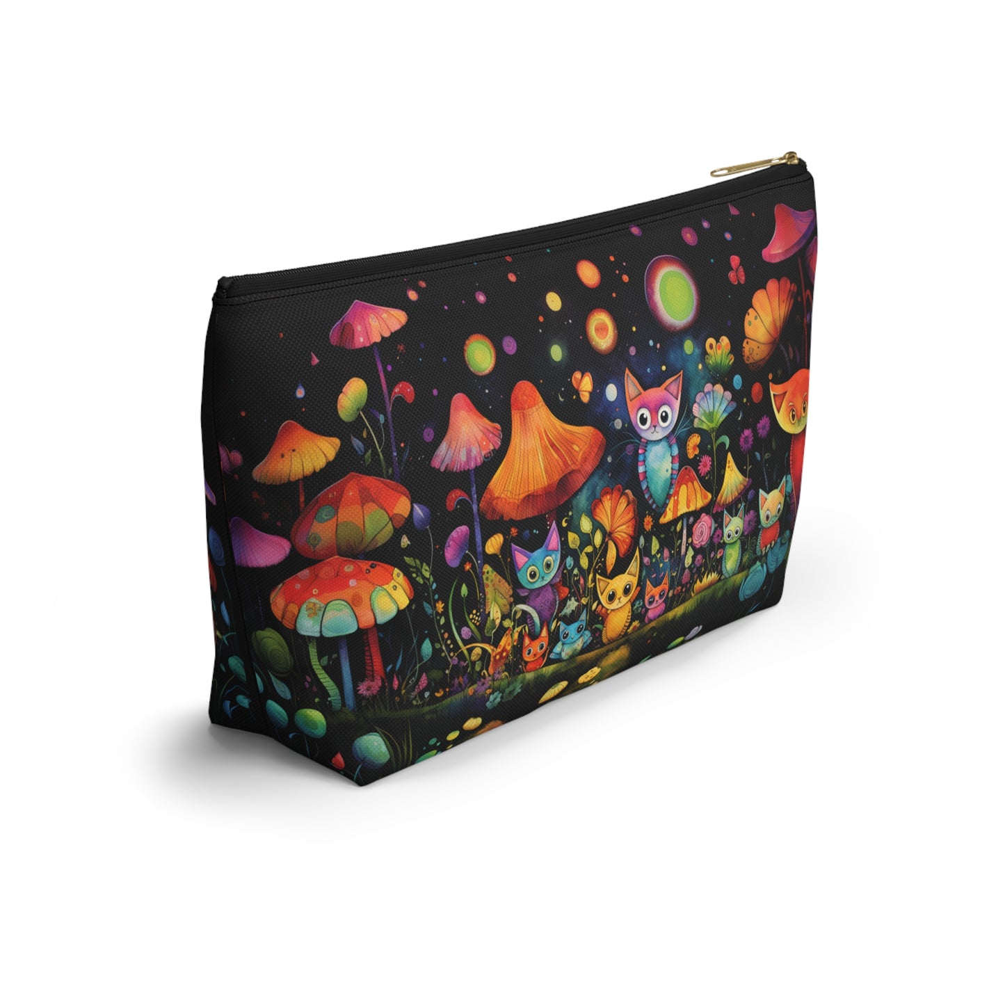 Mystical Cats Amidst a Garden of Flowers and Mushrooms, Beneath a Starry Sky - Makeup & Accessory Bag 2 Sizes