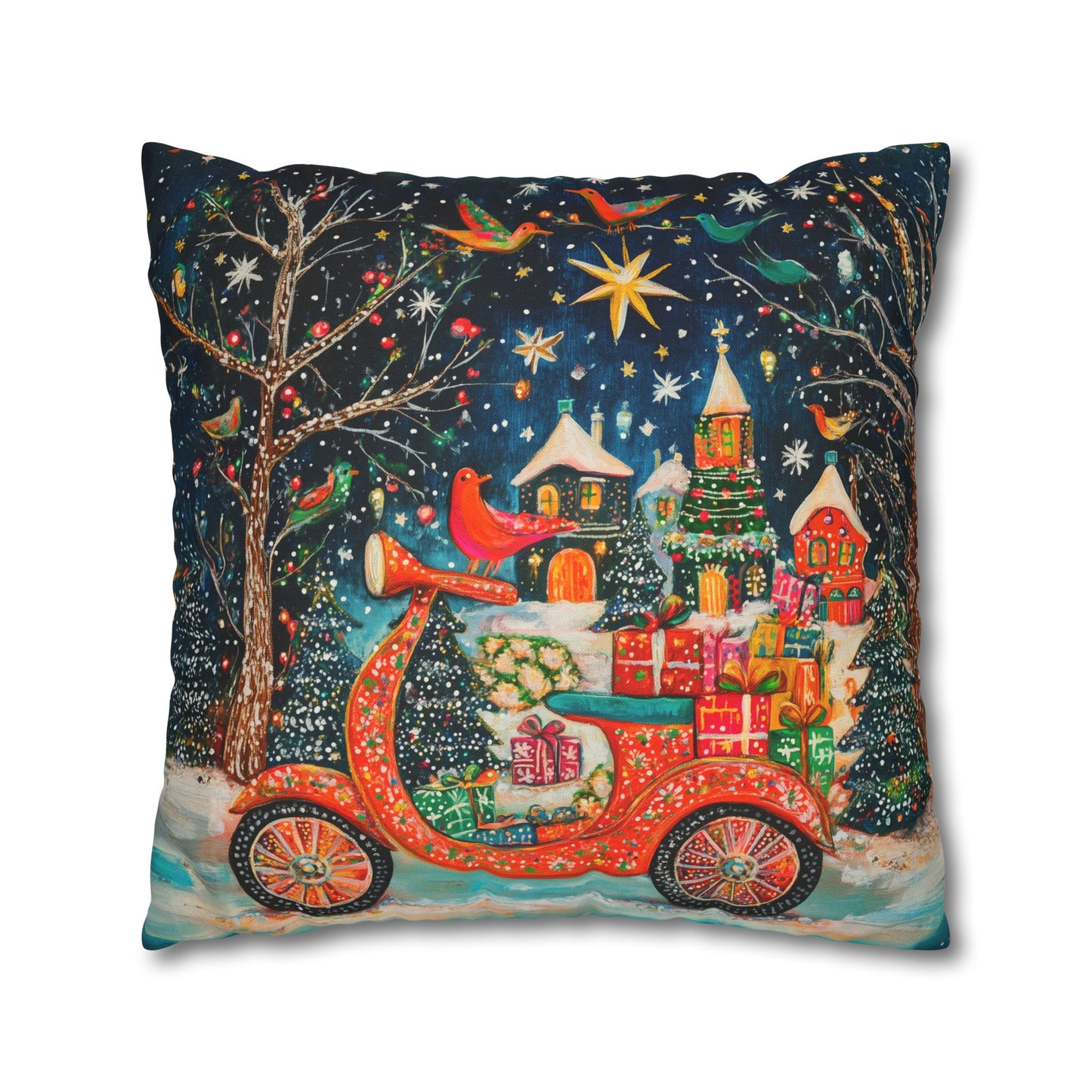 Yuletide Express Festive Scooter Filled with Gifts Spun Polyester Square Pillowcase 4 Sizes