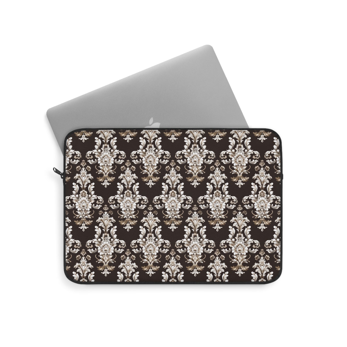 Elegant Rococo Pattern of Intricate Brown and White Floral Scroll Design Laptop or Ipad Protective Sleeve 3 Sizes Available