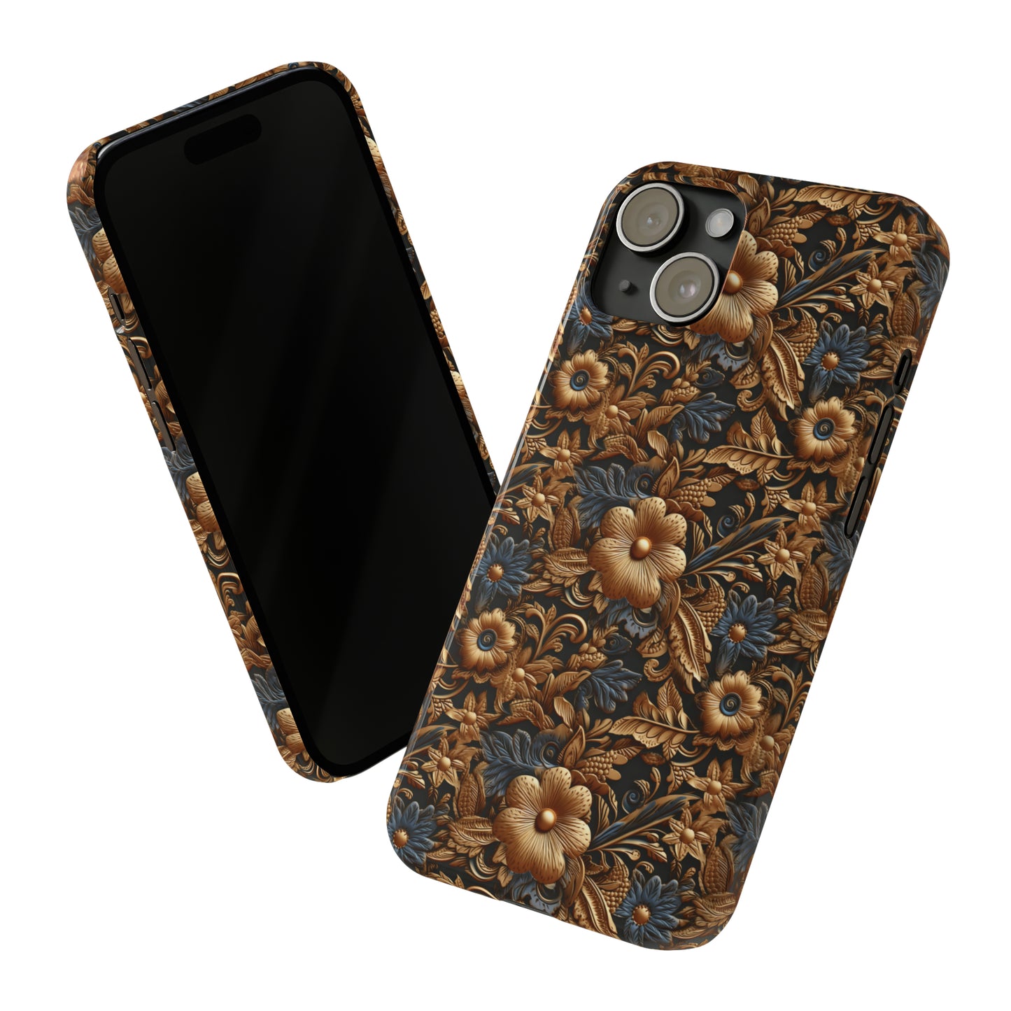 Tooled Leather Gold Flowers with Blue Leaves Accent Print Design Iphone 15-12 Slim Phone Case