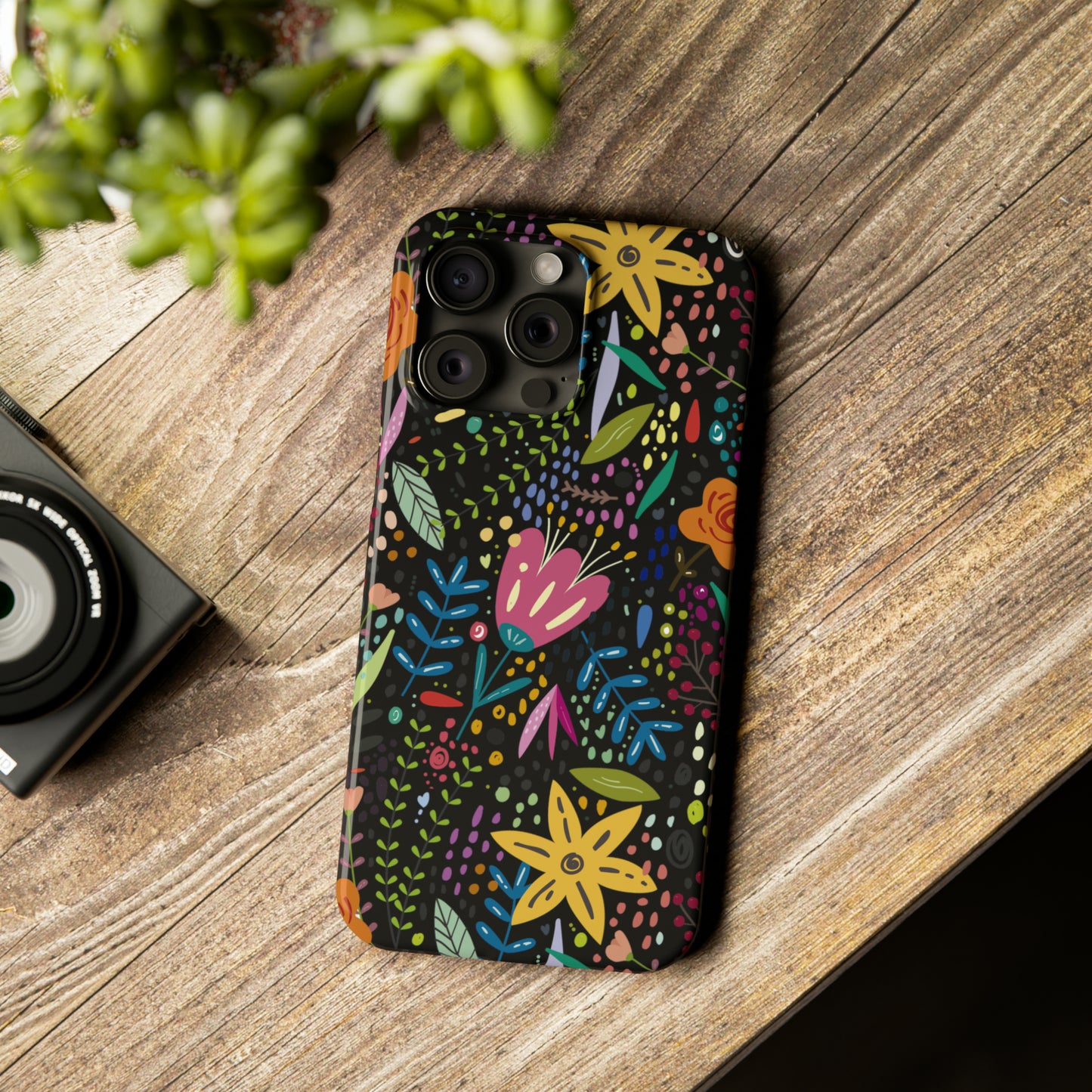 Springtime Splendor: Hand-Drawn Flowers Bursting with Vibrant Colors Design on Black Iphone 15-12 Slim Phone Case