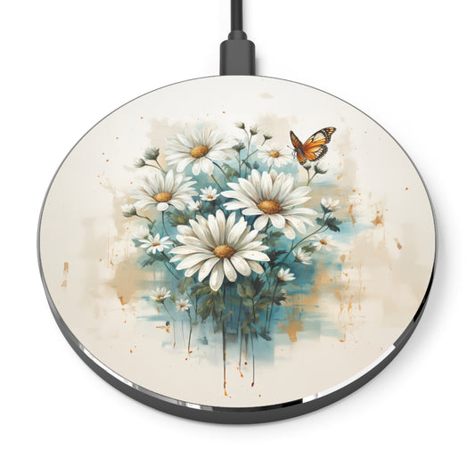 Rustic Farmhouse Teal and White Wild Daisies and Butterflies Wireless Cell Phone 10W Charger