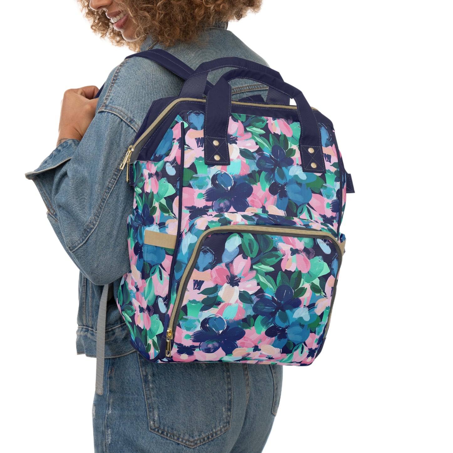 Tranquil Blooms: Muted Blue, Pink, and Green Watercolor Flowers Multifunctional Diaper Backpack