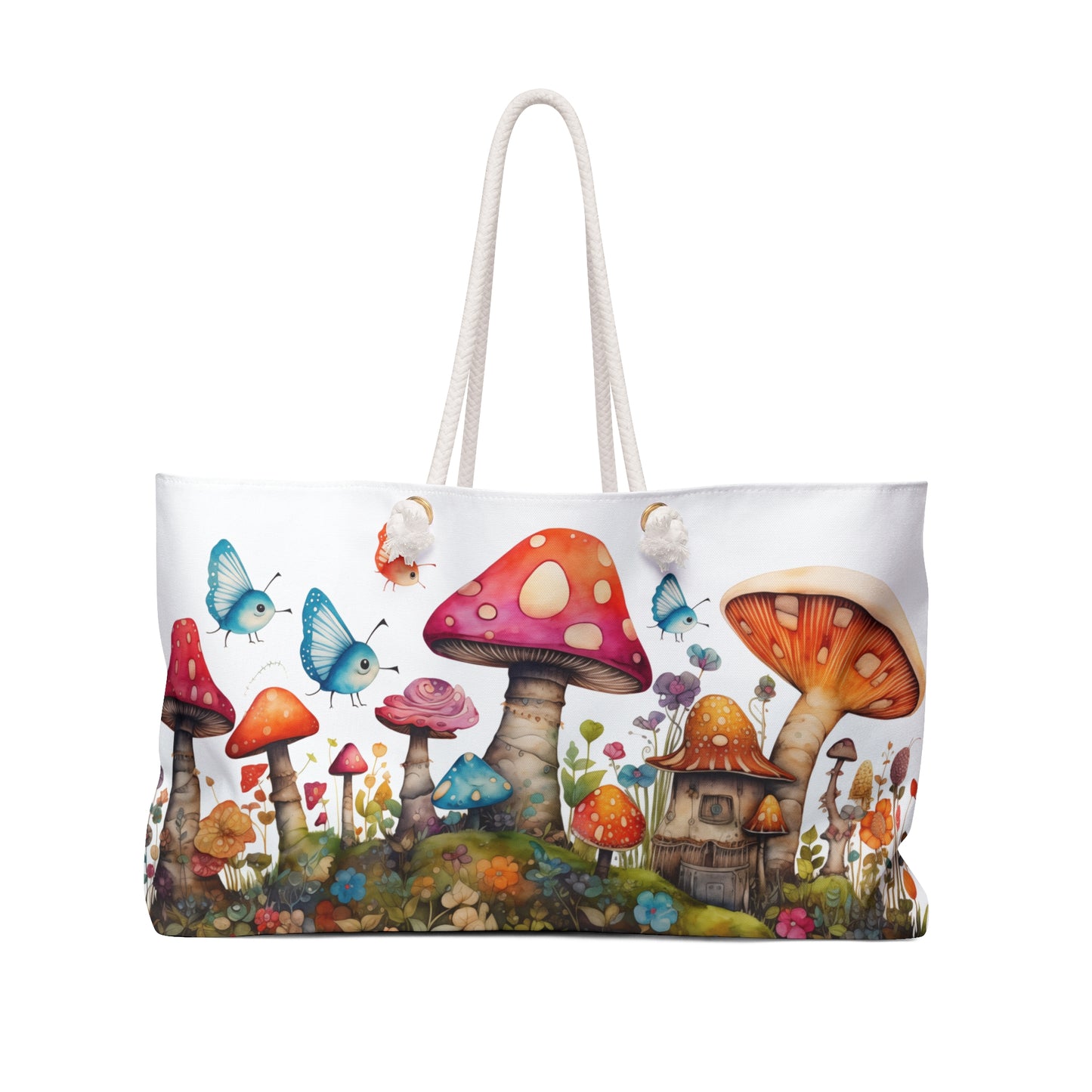 Enchanting Mushroom Cottage Adorned with Butterflies and Toadstools - Weekender Oversized Canvas Tote Bag 24" × 13"