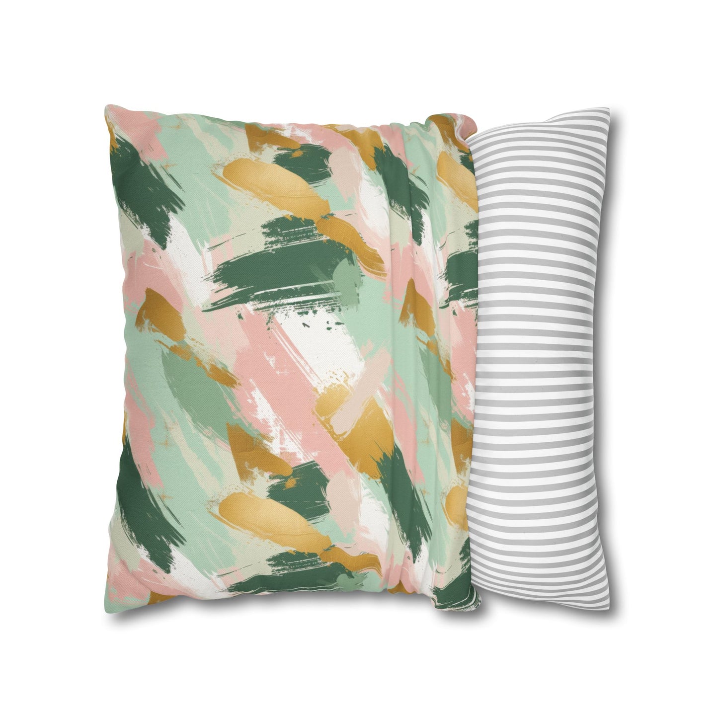 Spring Brushstrokes Abstract in Light Green, Pink, and Gold Spun Polyester Square Pillowcase 4 Sizes