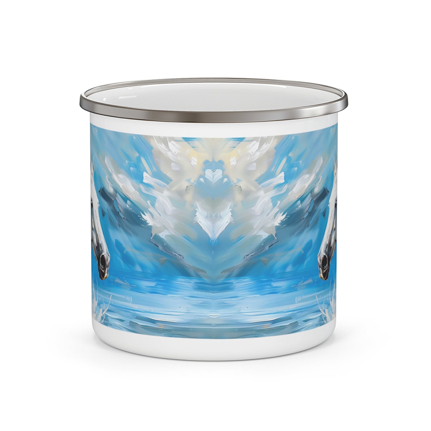 Majestic White Stallion Galloping Along the Ocean's Edge - 12oz Enamel Camping Mug