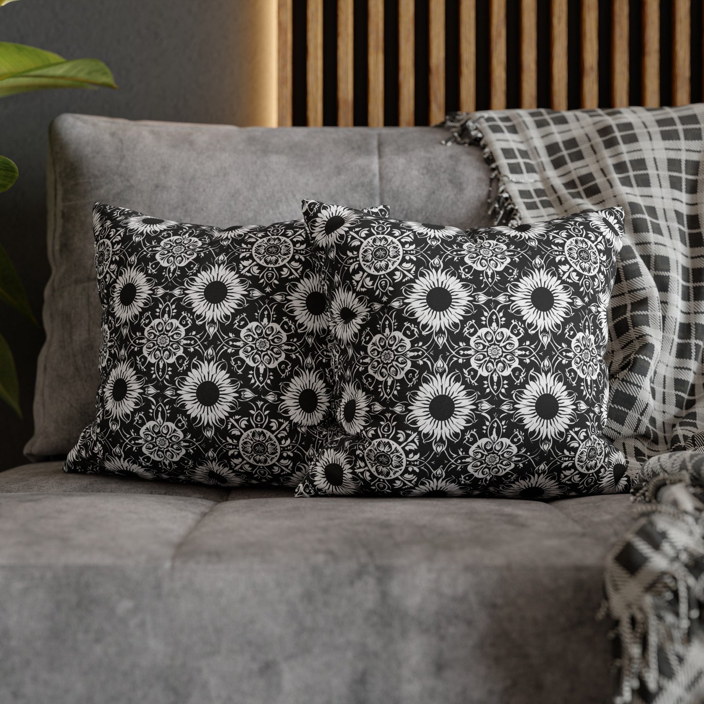 Elegant Mandala Design with Black and White Sunflowers Spun Polyester Square Pillowcase 4 Sizes