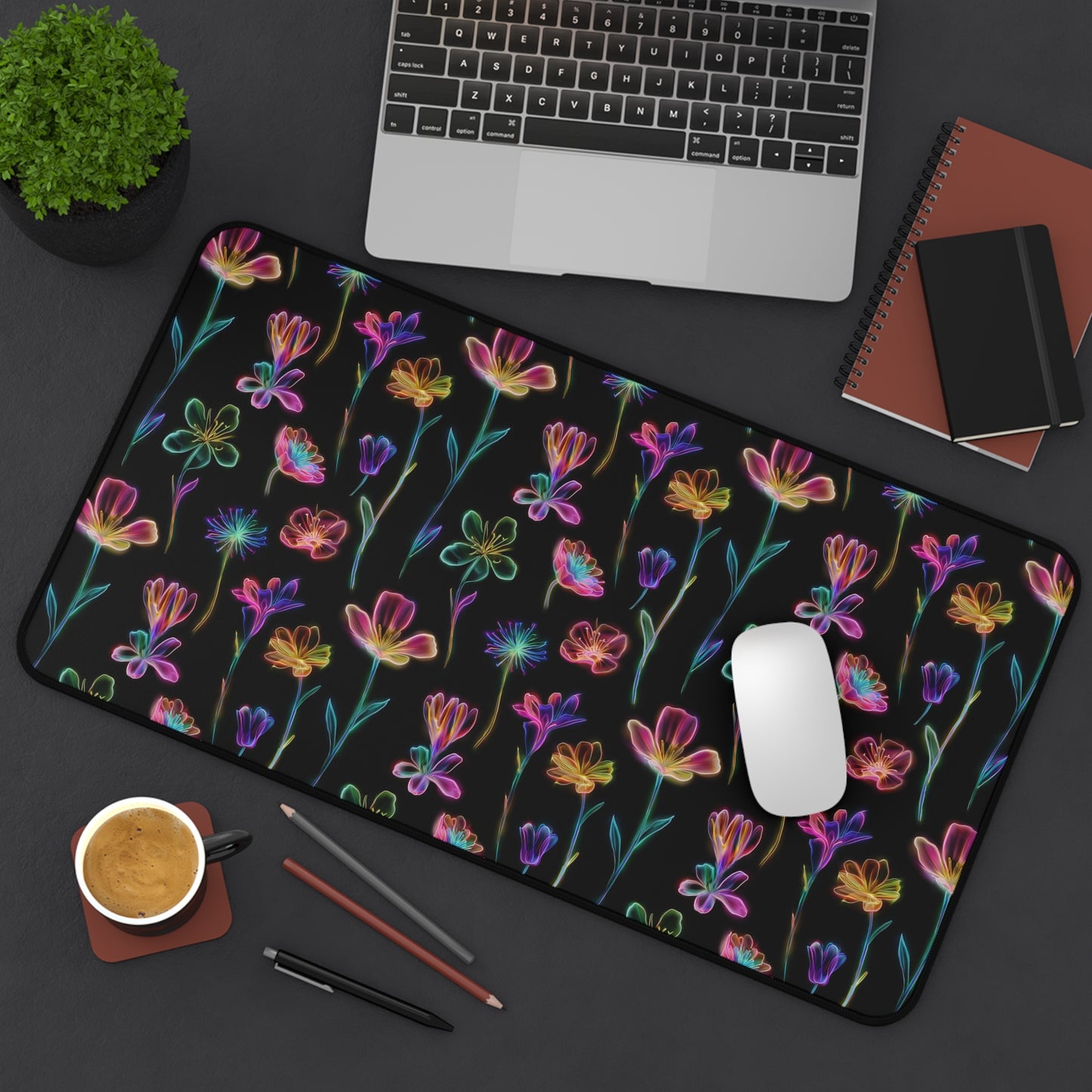 Neon Spring Flowers Deskmat , Floral Dark Desk Decoration, Floral Large Mousepad, Gaming Desk Mat, Desktop Accessory