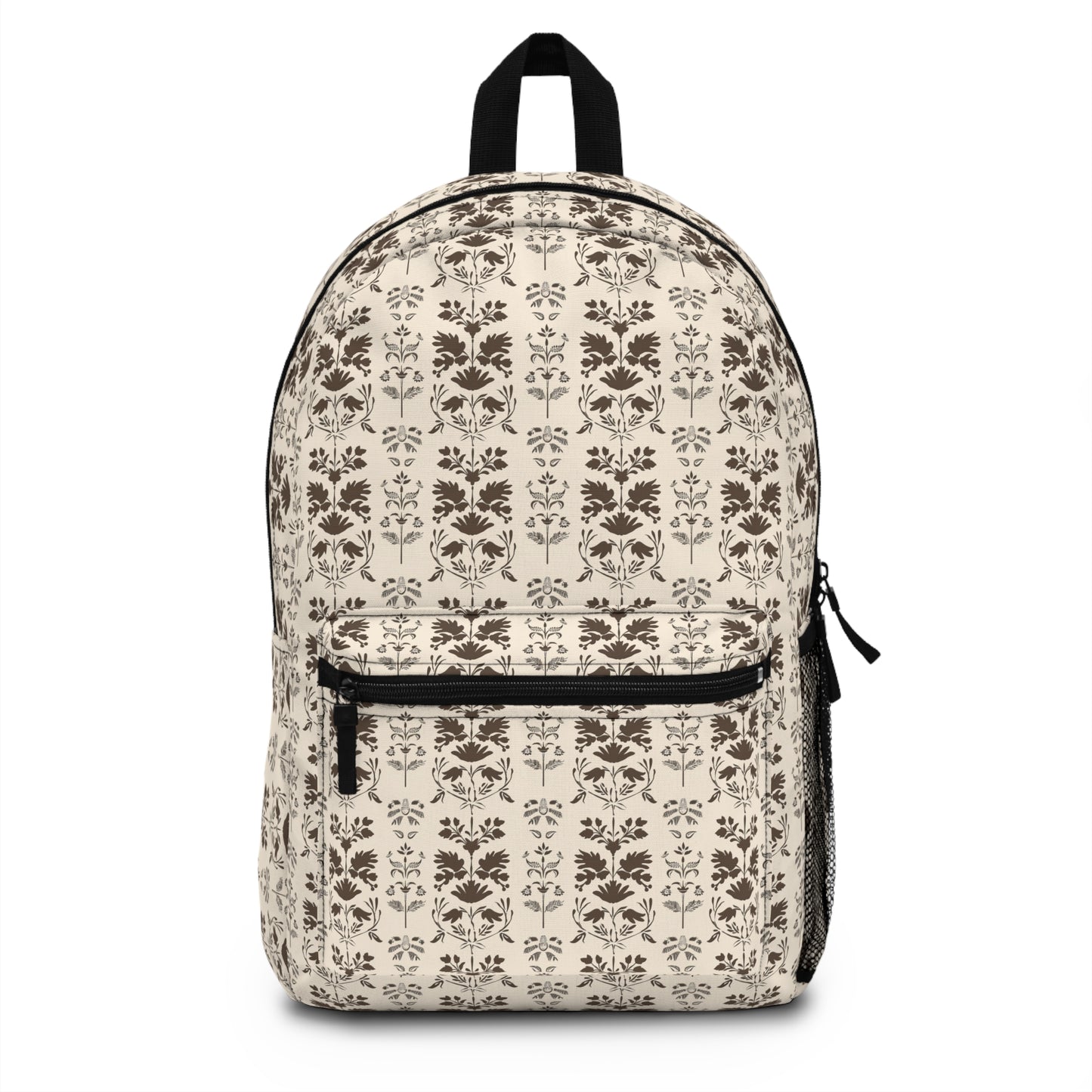 Early American Stencil-Inspired Beige and Brown Floral Pattern Lightweight Stylish Durable Backpack (Made in USA)