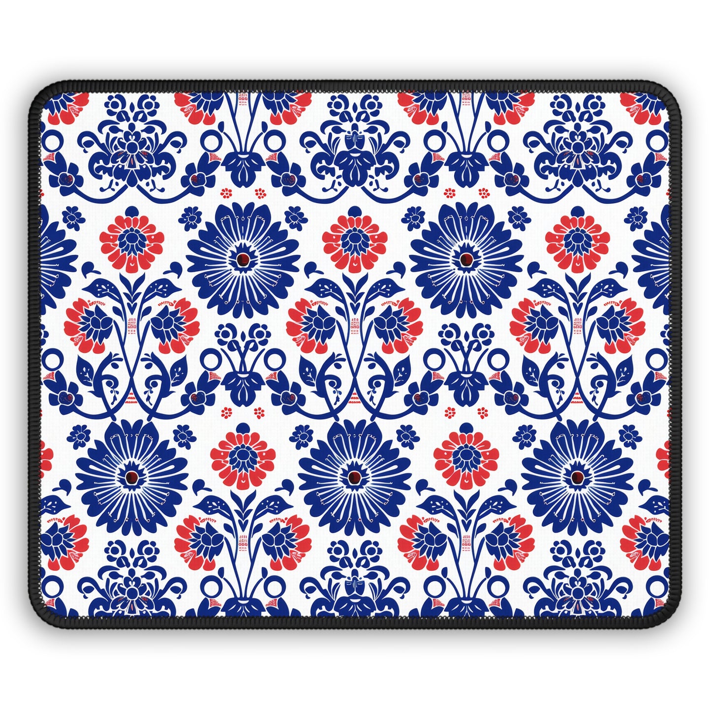 Charming Folk Blooms in Classic Polish Pottery Inspired Floral Pattern in Blue and Red Gaming Mouse Pad with Finished Edges