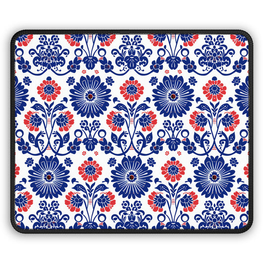 Charming Folk Blooms in Classic Polish Pottery Inspired Floral Pattern in Blue and Red Gaming Mouse Pad with Finished Edges