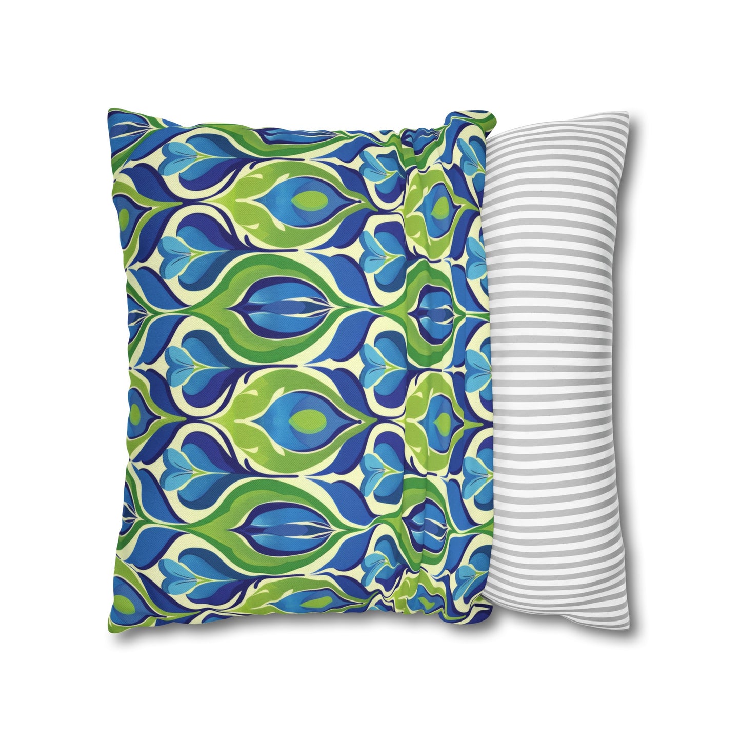 Retro Vibrant Peacock Blue and Green Floral Design Spun Polyester Square Pillowcase 4 Sizes