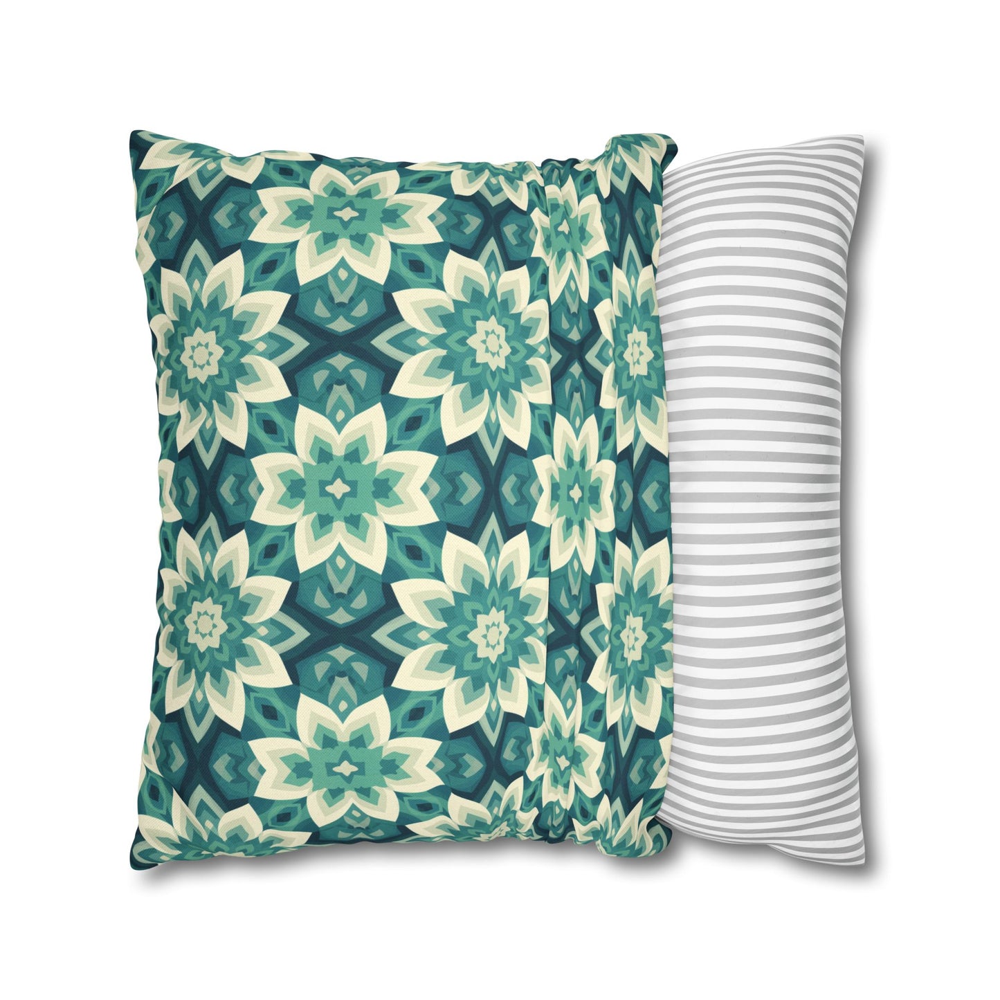 Intricate Aqua and Teal Mandala Floral Pattern Spun Polyester Square Pillowcase 4 Sizes