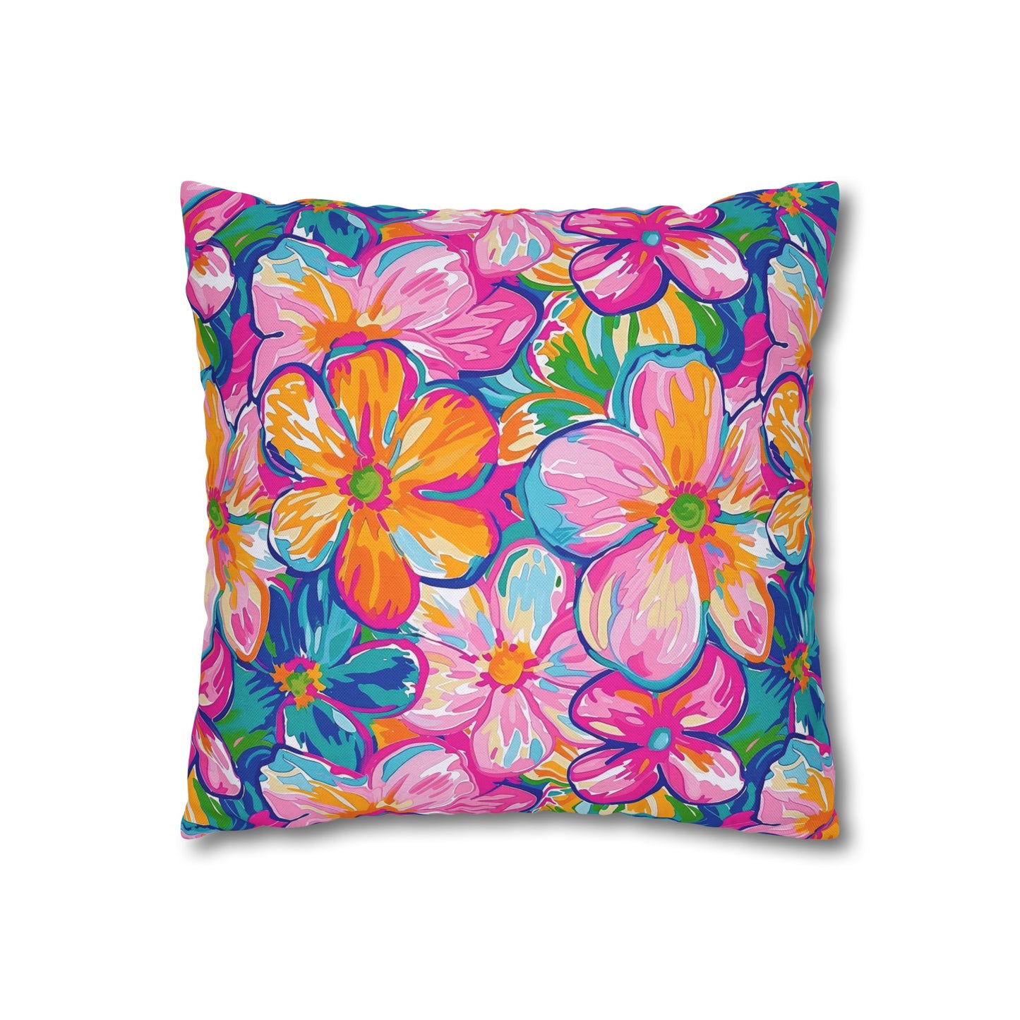 Chromatic Blossoms: Large Watercolor Flowers in Mixed Pinks, Blues, and Oranges Spun Polyester Square Pillowcase 4 Sizes